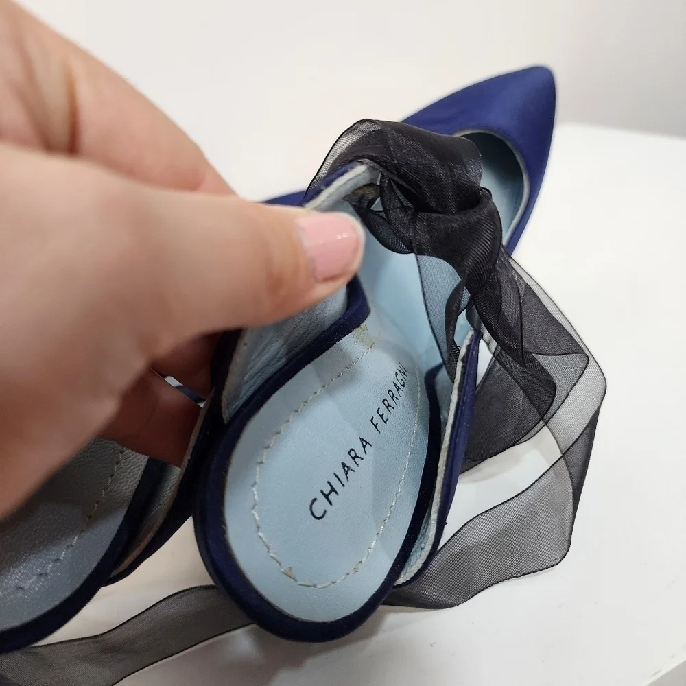 Chiara Ferragni blue satin heels with tulle bow, size 37, nwt